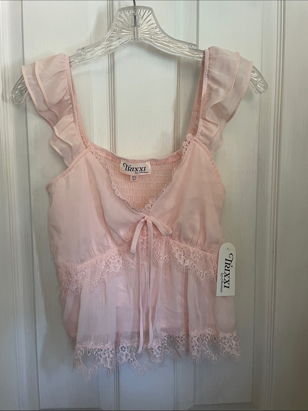 Trixxi Soft Pink Ruffle Lace Tie-Front Camisole